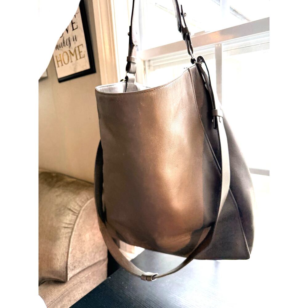 AllSaints Leather Hobo Bag Taupe Gray Large Shoulder Bag Minimalist Slouchy Tote